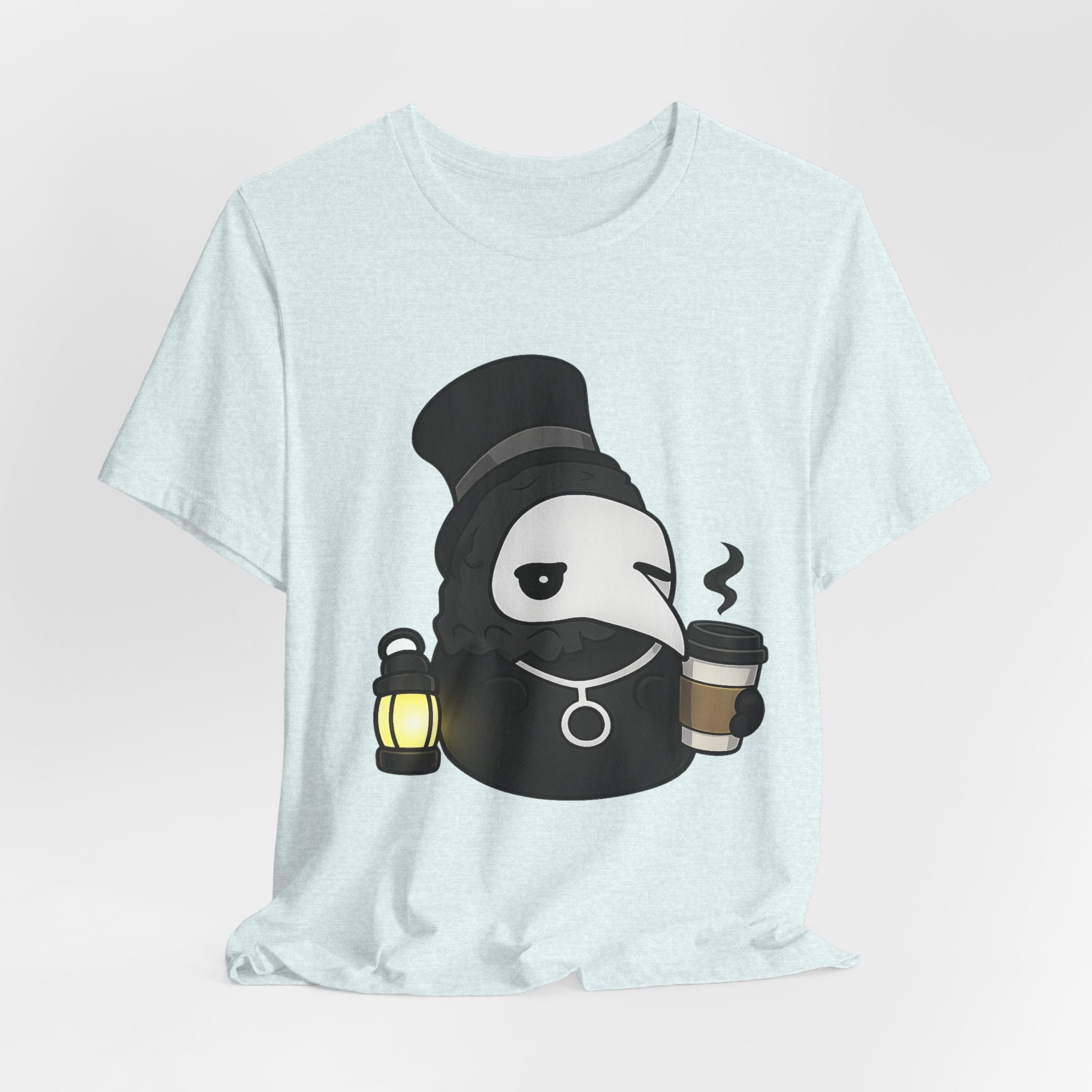 Plague Doctor Coffee Tee — Cute Gothic Lantern & Coffee Graphic T-Shirt