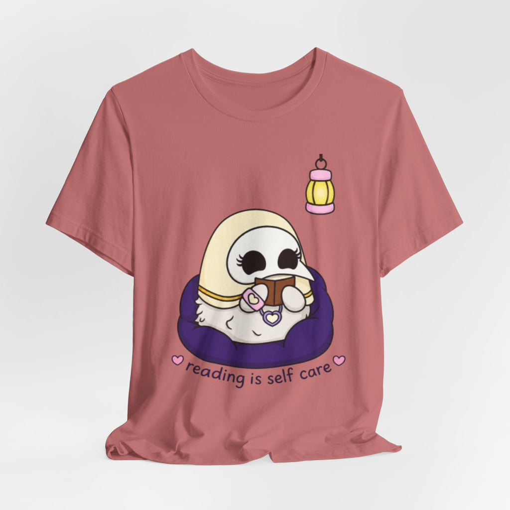 Plague Doctor Reading Is Self Care T-Shirt — Cute Dark Aesthetic Book Lover Tee