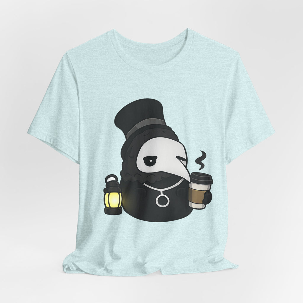 Plague Doctor Coffee Tee — Cute Gothic Lantern & Coffee Graphic T-Shirt