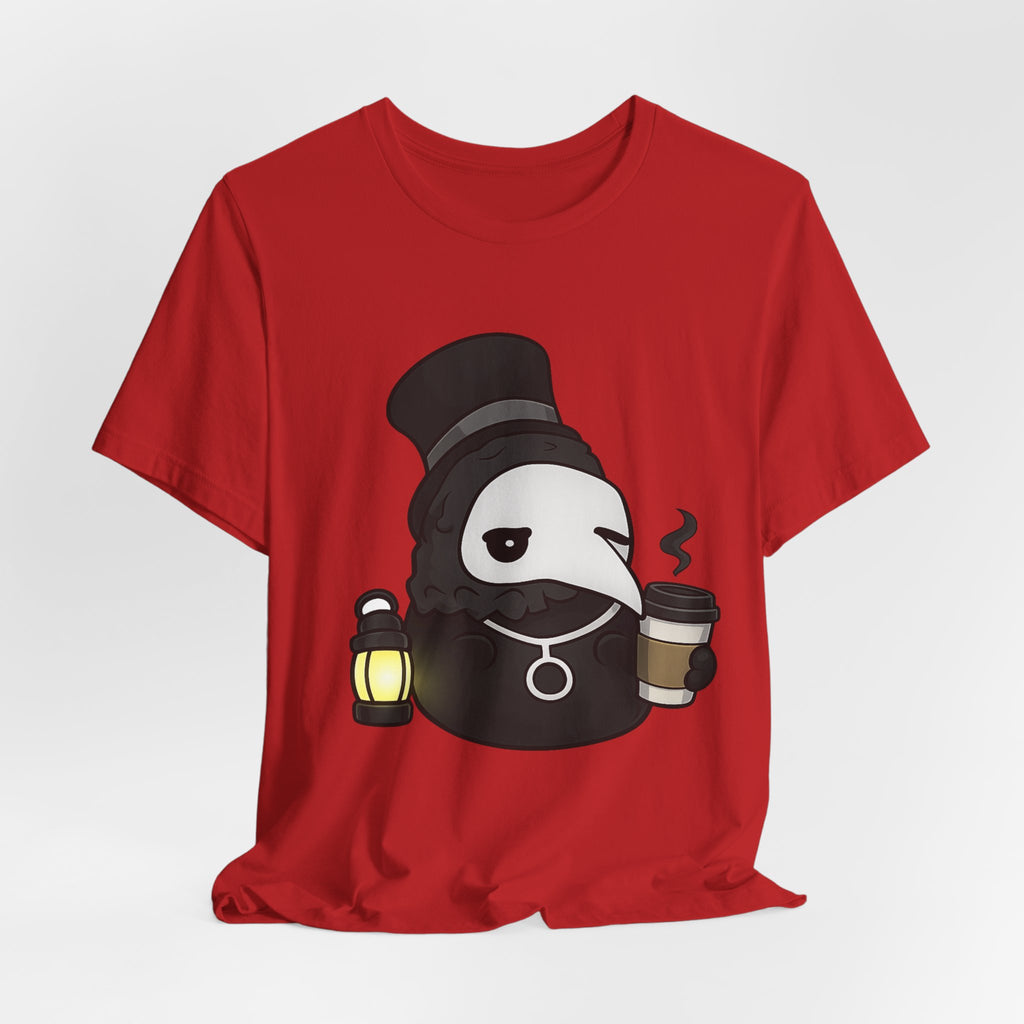 Plague Doctor Coffee Tee — Cute Gothic Lantern & Coffee Graphic T-Shirt