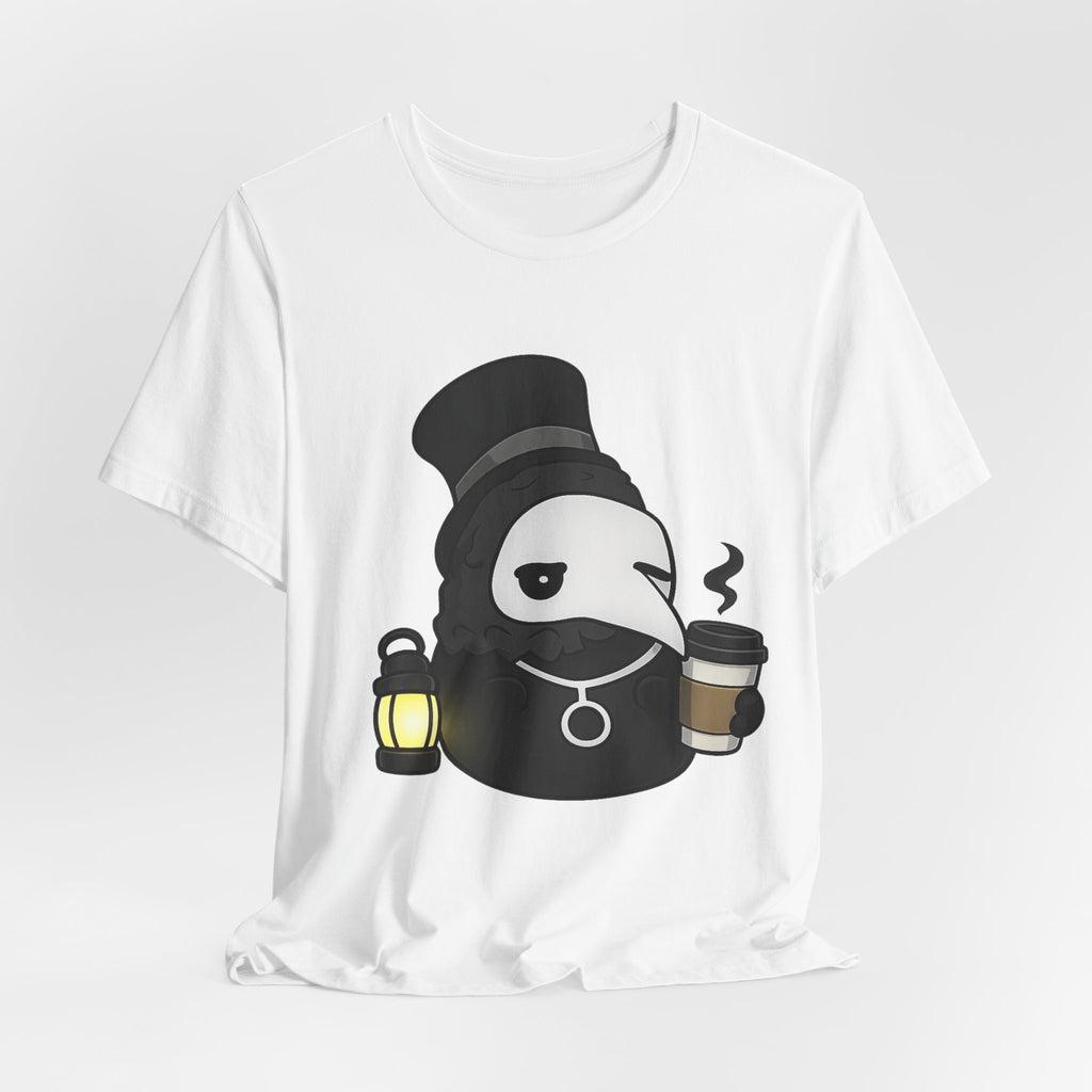 Plague Doctor Coffee Tee — Cute Gothic Lantern & Coffee Graphic T-Shirt