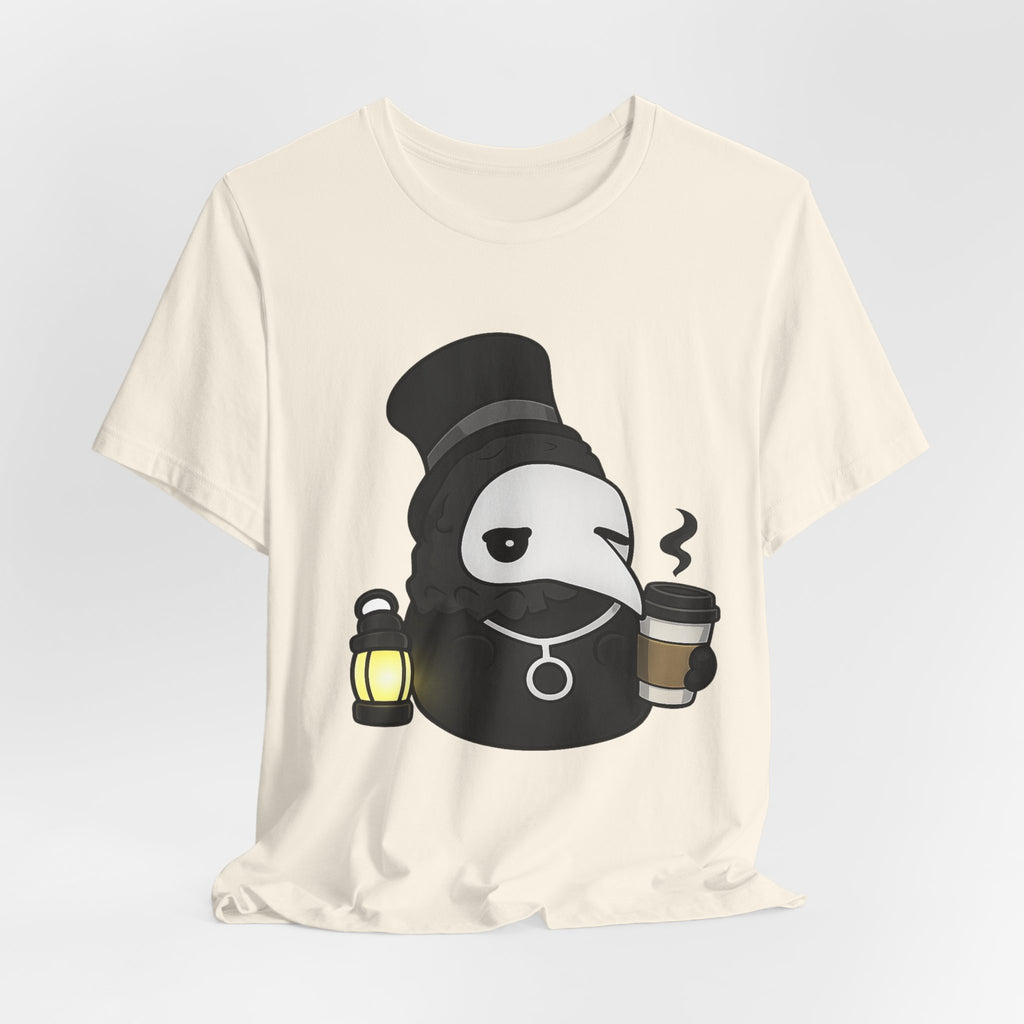 Plague Doctor Coffee Tee — Cute Gothic Lantern & Coffee Graphic T-Shirt
