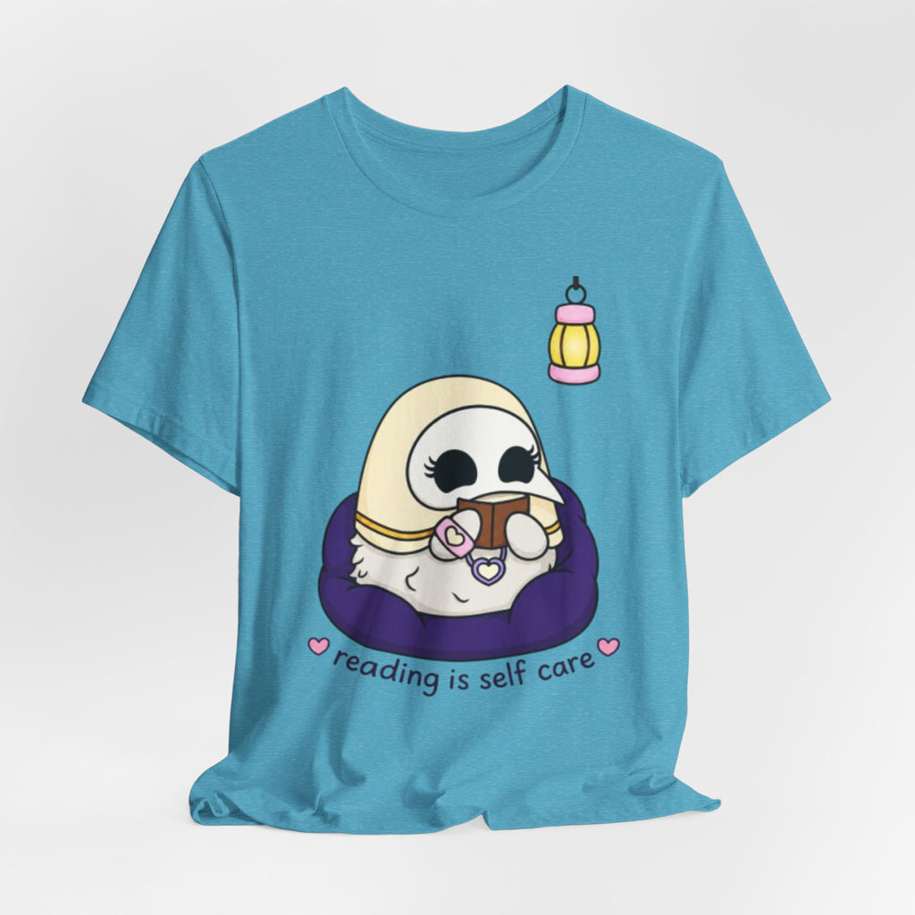 Plague Doctor Reading Is Self Care T-Shirt — Cute Dark Aesthetic Book Lover Tee