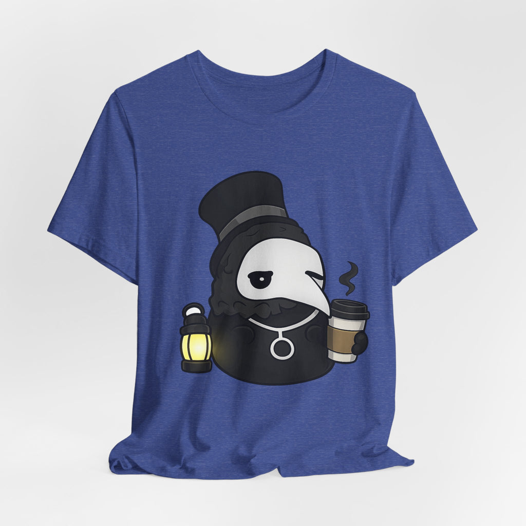 Plague Doctor Coffee Tee — Cute Gothic Lantern & Coffee Graphic T-Shirt