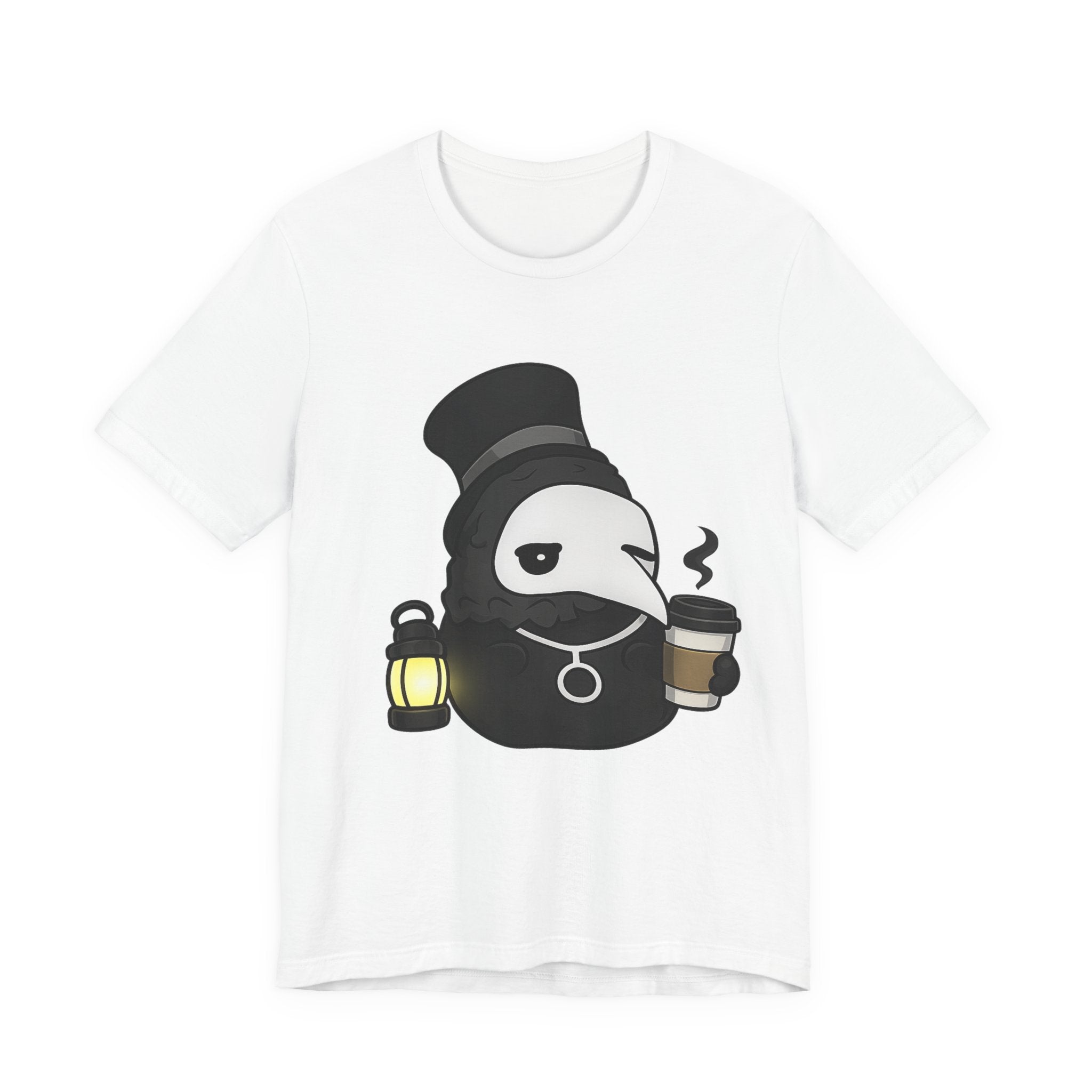 Plague Doctor Coffee Tee — Cute Gothic Lantern & Coffee Graphic T-Shirt