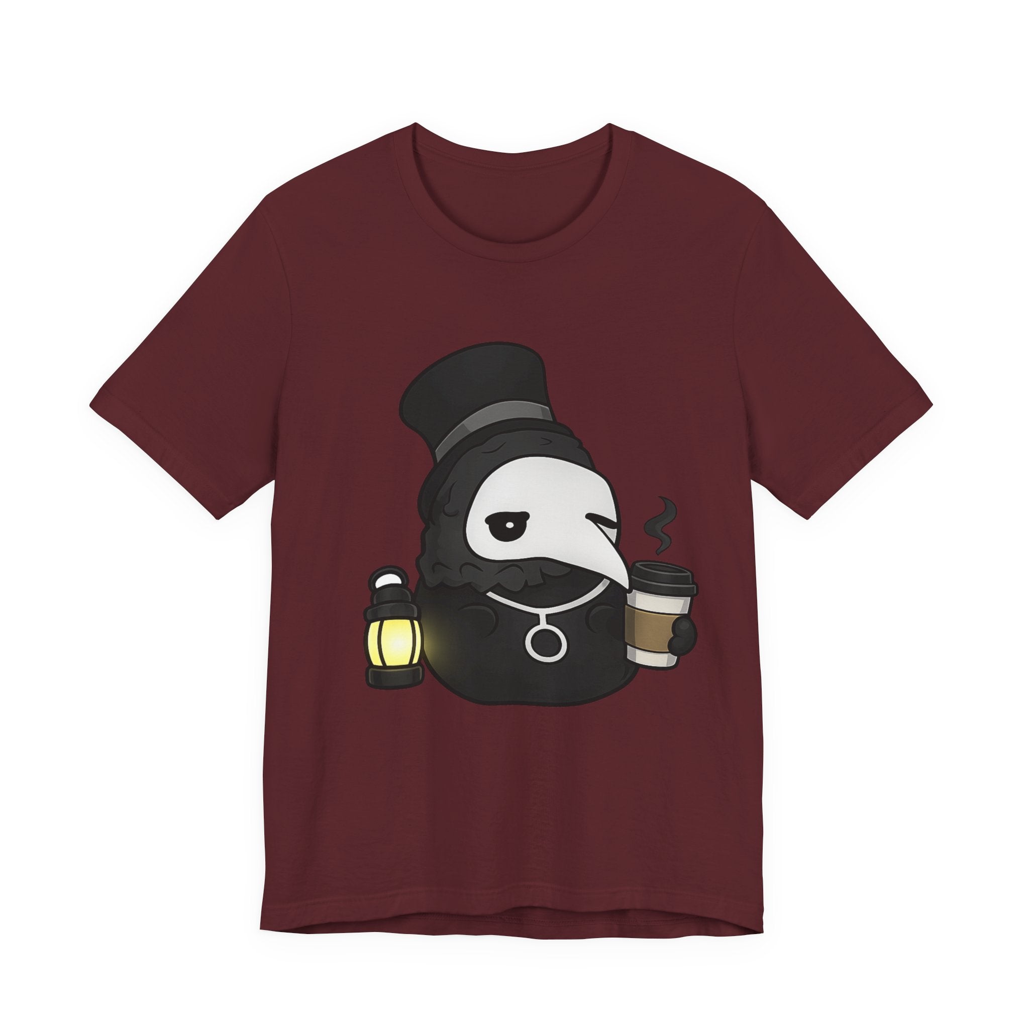Plague Doctor Coffee Tee — Cute Gothic Lantern & Coffee Graphic T-Shirt