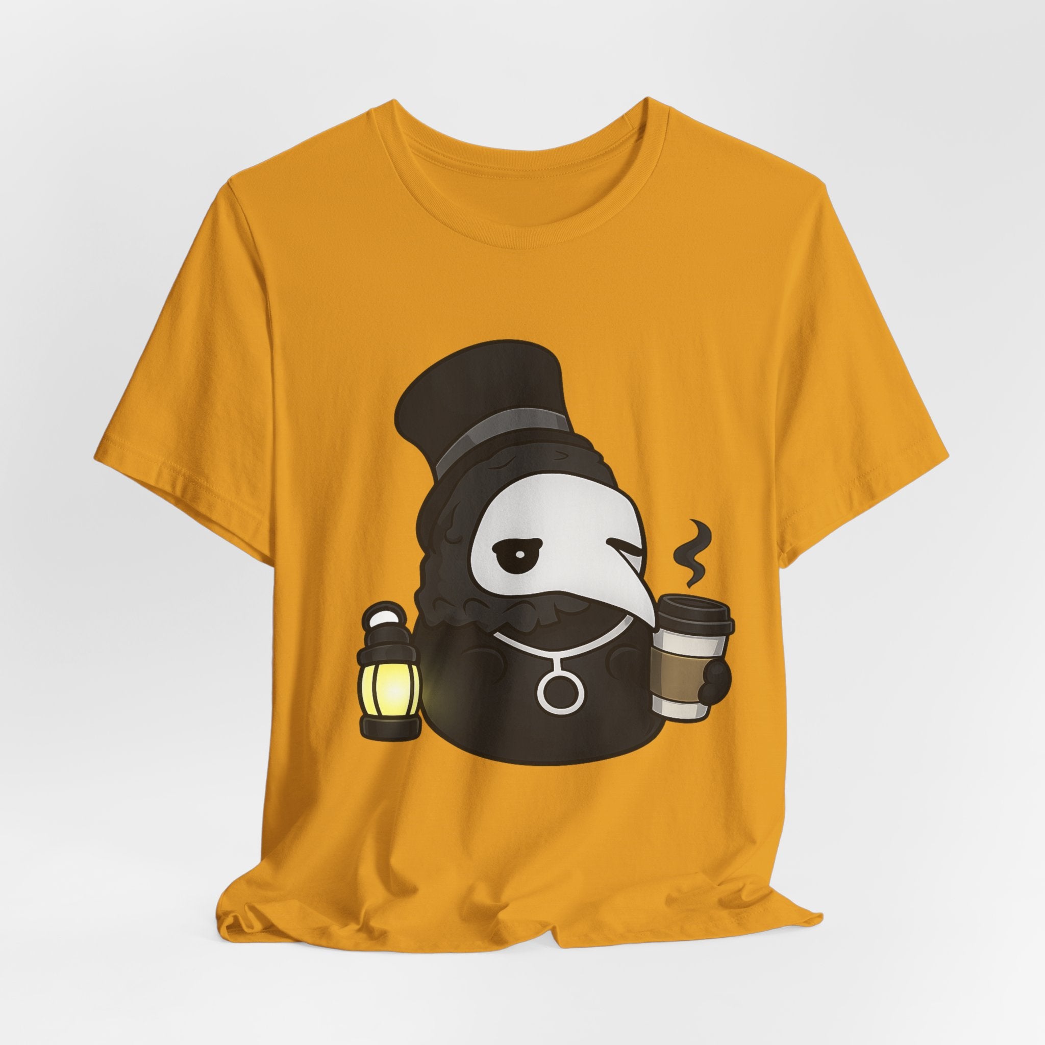Plague Doctor Coffee Tee — Cute Gothic Lantern & Coffee Graphic T-Shirt