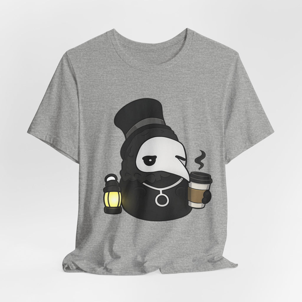 Plague Doctor Coffee Tee — Cute Gothic Lantern & Coffee Graphic T-Shirt