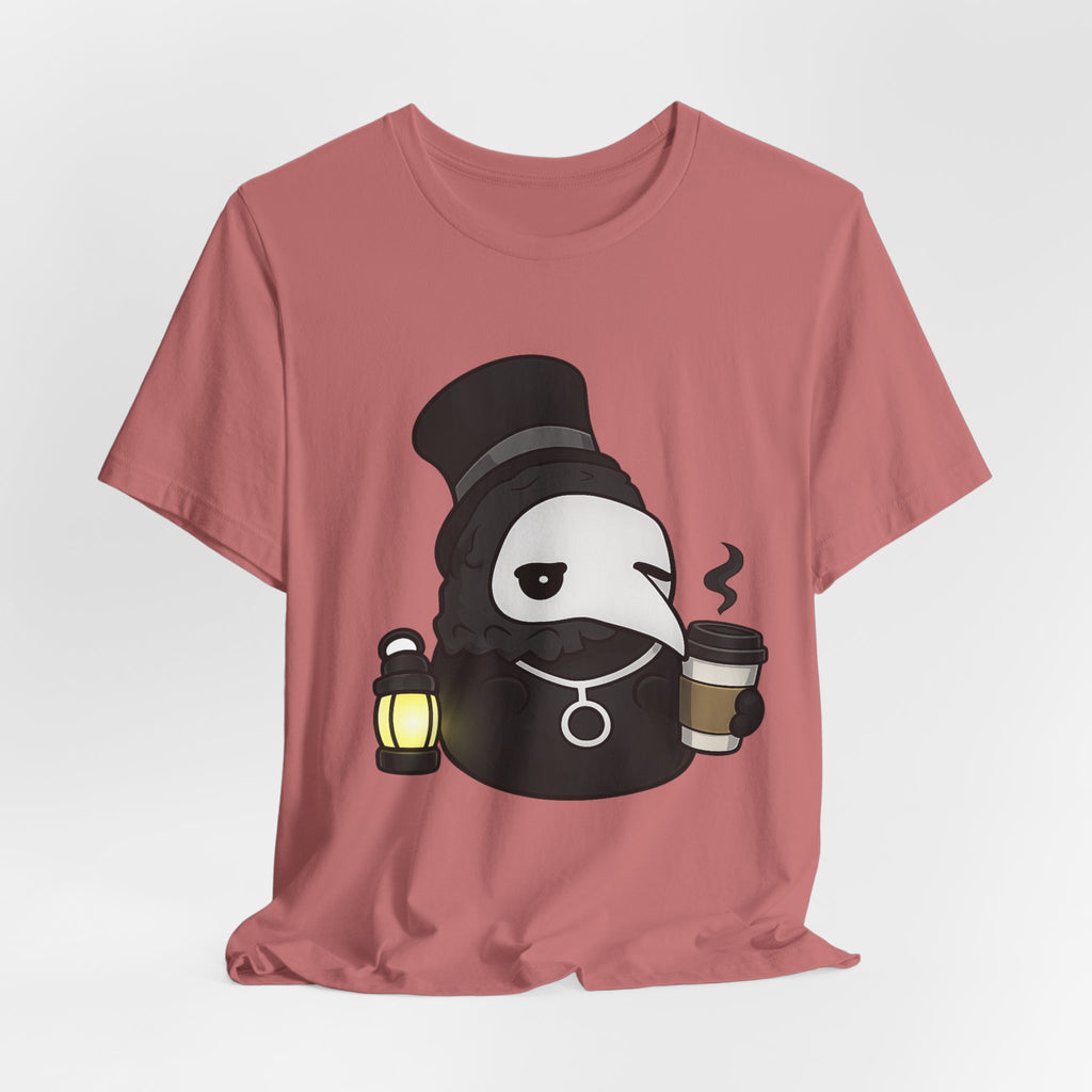 Plague Doctor Coffee Tee — Cute Gothic Lantern & Coffee Graphic T-Shirt