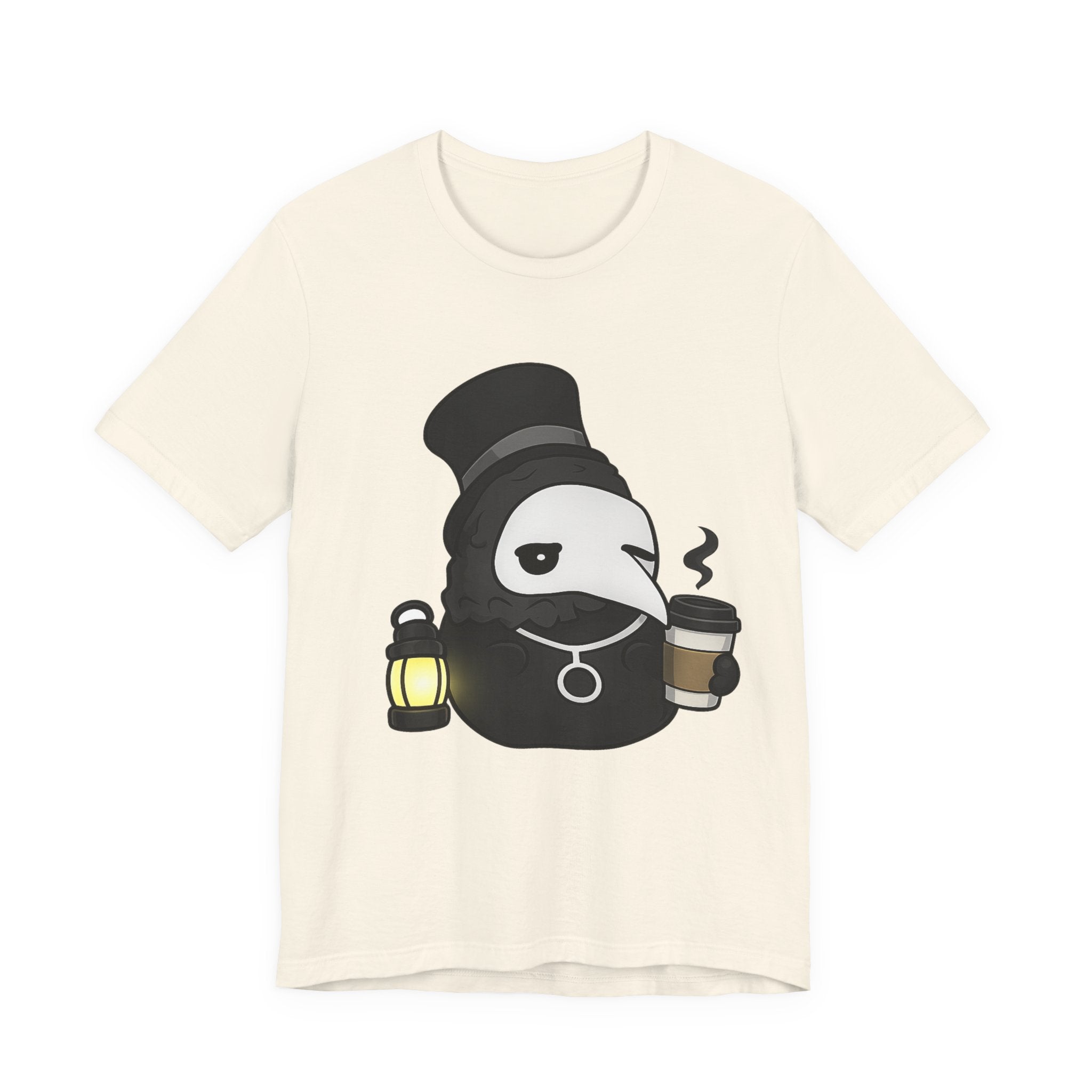 Plague Doctor Coffee Tee — Cute Gothic Lantern & Coffee Graphic T-Shirt