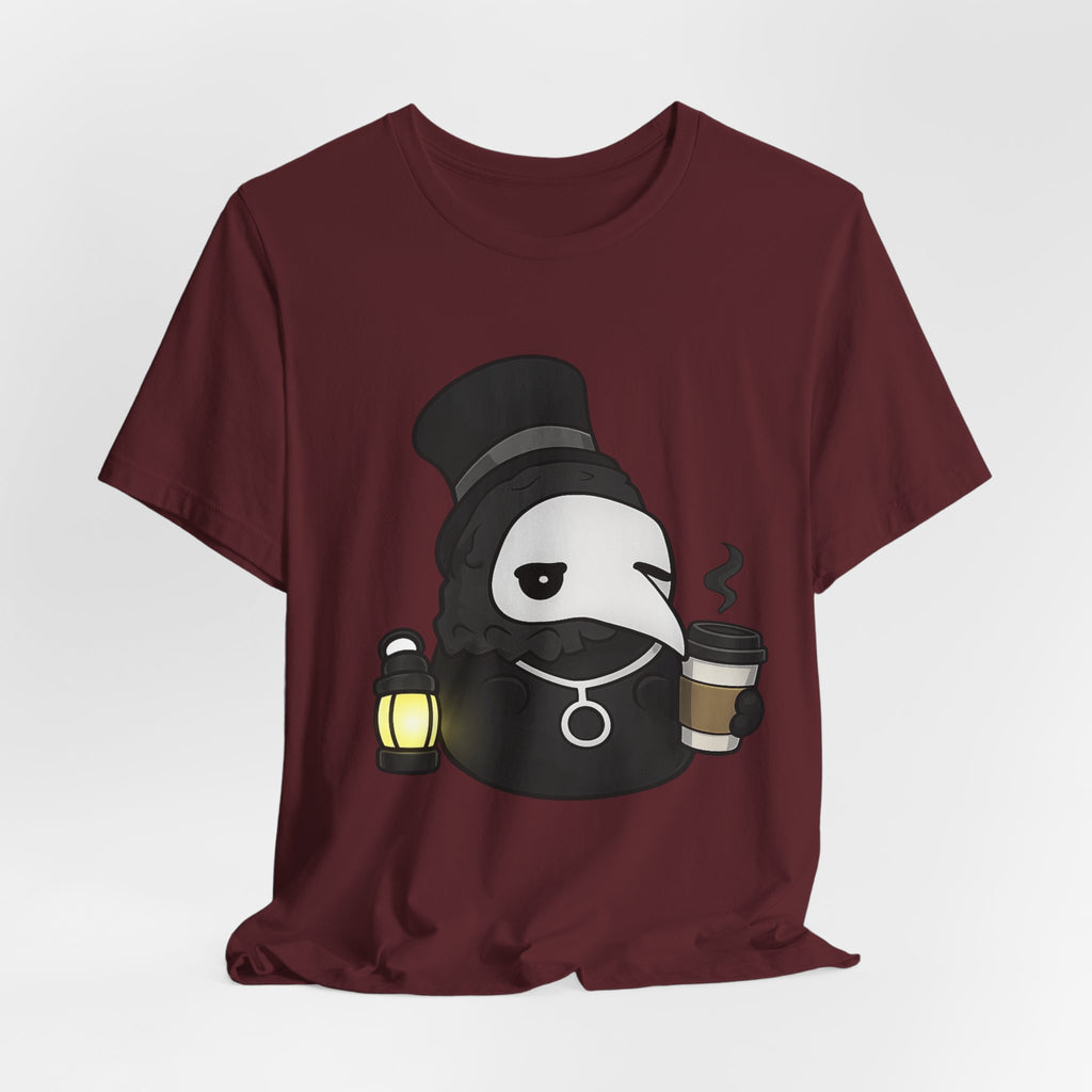 Plague Doctor Coffee Tee — Cute Gothic Lantern & Coffee Graphic T-Shirt