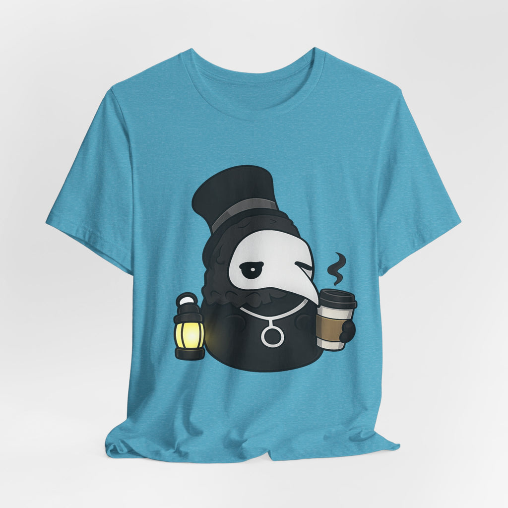 Plague Doctor Coffee Tee — Cute Gothic Lantern & Coffee Graphic T-Shirt