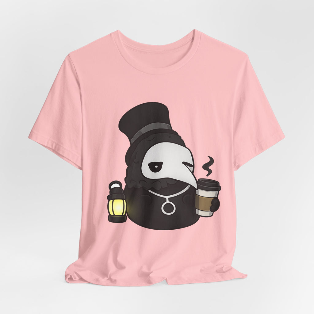 Plague Doctor Coffee Tee — Cute Gothic Lantern & Coffee Graphic T-Shirt