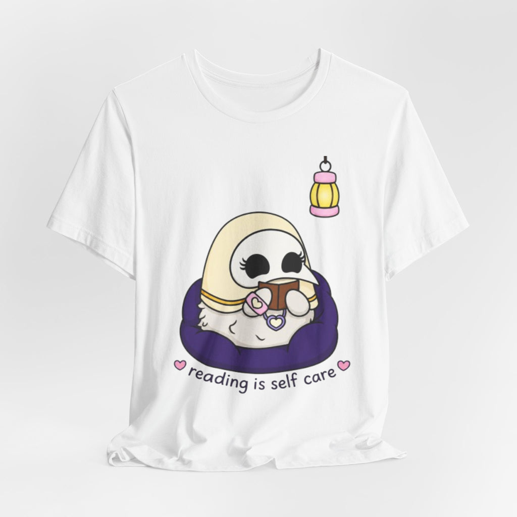 Plague Doctor Reading Is Self Care T-Shirt — Cute Dark Aesthetic Book Lover Tee